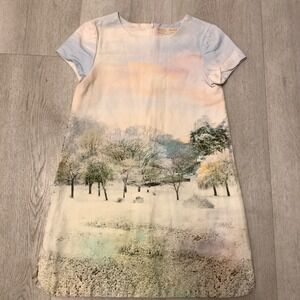 Zara Girls Winter Landscape Print Short Sleeve Shift Dress Sz 7-8